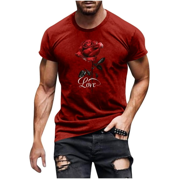 COSFO Red Tee Shirts Mens Crew Neck Short Sleeve Casual Floral Tops Pullover Slim T Shirts