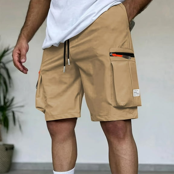 COSFO Relaxed Fit Men Cargo Shorts Yellow Elastic Waist Casual Outdoor with Zipper Pockets Work Shorts