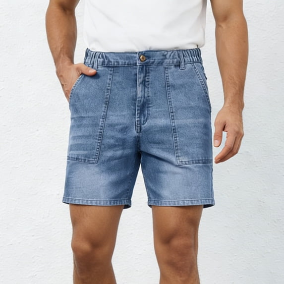 COSFO Relaxed Fit Men's Denim Shorts Baggy Blue Casual Jeans with Pockets Straight Bermuda Shorts