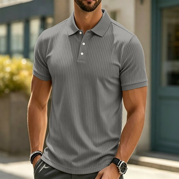COSFO Ribbed Knit Polo Tshirts Shirts for Men Casual Short Sleeve Golf Shirts Collared Classic Fit Solid Pullover Business Tops