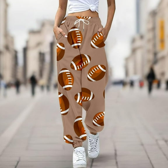 COSFO Rugby Women's Sweatpants Casual Joggers High Elastic Waisted Yellow Taper Pants with Pocket Drawstring Loose Adjustable Width Pants