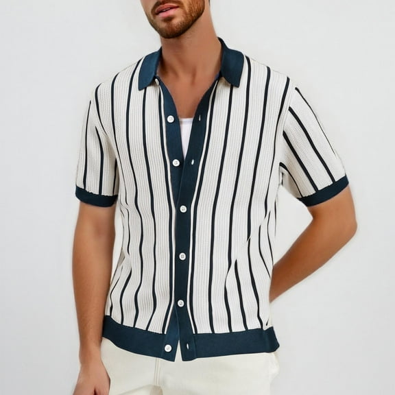 COSFO Shirts for Men Collared Casual Short Sleeve Button Down Tops Knit Regular Fit Striped Mens Shirt