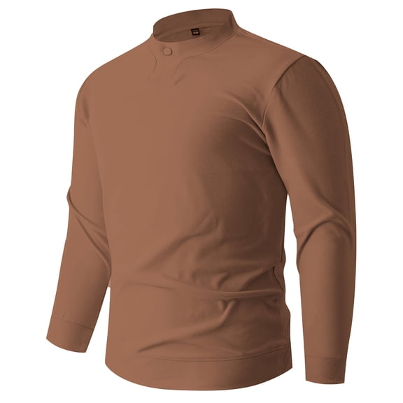 COSFO Shirts for Men Long Sleeve Brown Casual Fleece Tops Button Pullover Mock Neck Slim Fit Men Classic T-Shirt