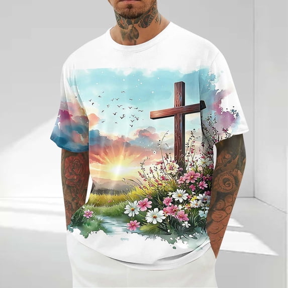 COSFO Shirts for Men Short Sleeve Cross Easter Graphic Tees Crew Neck Comfort Pullover Workout Loose Fit Tops