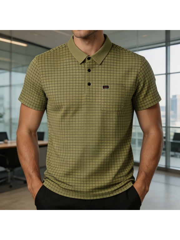 Short Sleeve Big And Tall Polo Shirts for Men Business Plaid Casual Shirt Work Pullover Collared with Pocket Loose Fit Tops