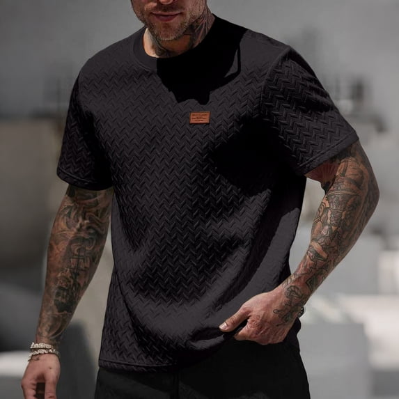 COSFO Short Sleeve Big and Tall T Shirts for Men Casual Black Jacquard Shirt Crew Neck Classic Fit Summer Mens Shirts L