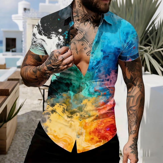 COSFO Short Sleeve Button Down Men Tie Dye Summer Tops Regular Fit Collared Vacation Beach Men's Shirts