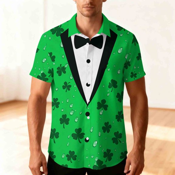 COSFO Short Sleeve Button Down Shirt Men St Patricks Day Funny Tops Vacation Collared Regular Fit Mens Shirts