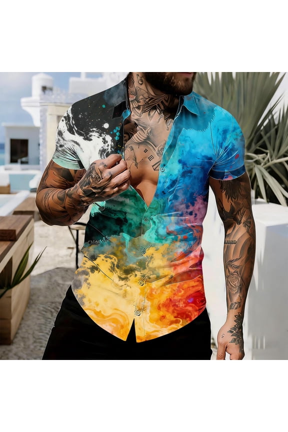 Short Sleeve Button Up Shirt Men Summer Tie Dye Tops Collared Vacation Regular Fit Beach Mens Shirts
