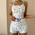 thumbnail image 1 of QUNYINEY Short Sleeve Cute Pjs for Women Bow Floral Crew Neck Camisole Sleepwear Shorts Loose Fit Ribbed Outfits for Women 2 Piece Sets, 1 of 5