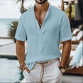 thumbnail image 1 of COSFO Short Sleeve Men Button Down Shirt Solid Summer Cotton Linen Shirts Vacation Beach Loose Fit Collared Tops, 1 of 6
