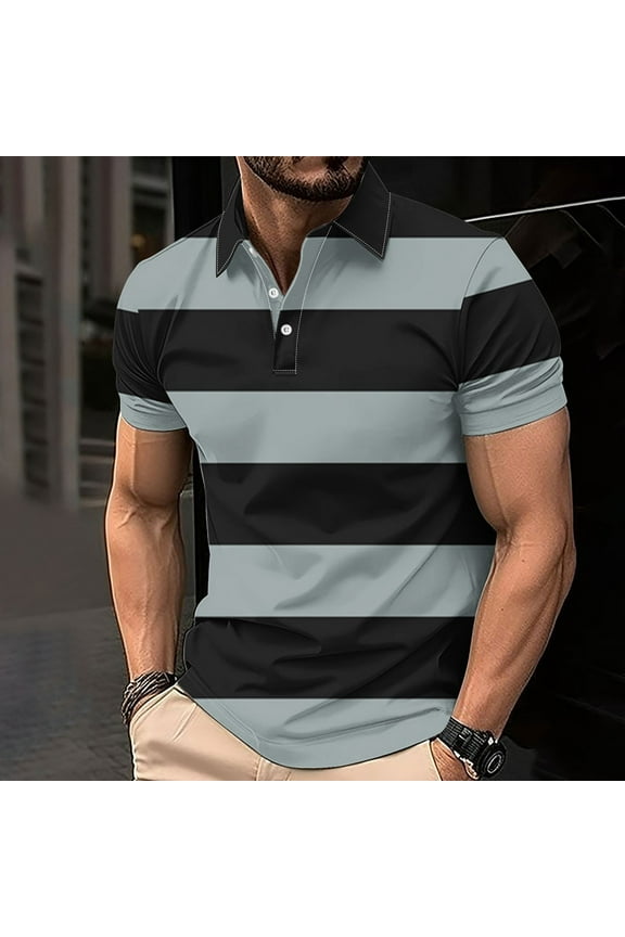 Short Sleeve Men Polo Shirt Casual Pullover Collared Striped Tops Loose Button Graphic Tees