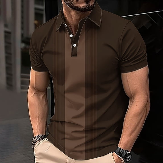 COSFO Short Sleeve Men Polo Shirt Pullover Striped Collared Casual Tops Button Loose Graphic Tees