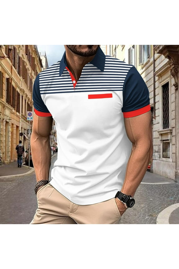 Short Sleeve Men Polo Shirts Striped Collared Casual Tops Pullover Slim with Pocket Button Shirts