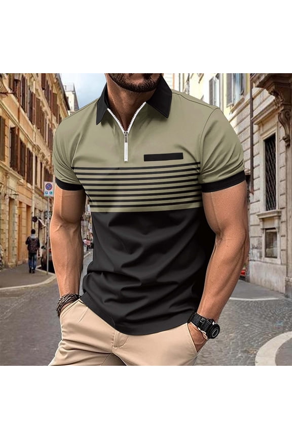 Short Sleeve Men T Shirts Collared Casual Striped Tops Half Zip Regular Fit with Pocket Pullover T-Shirts