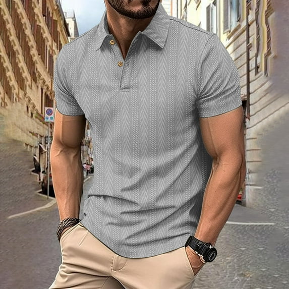 COSFO Short Sleeve Men's Polo Shirts Collared Casual Tops Jacquard Loose Pullover Mens Classic T-Shirt