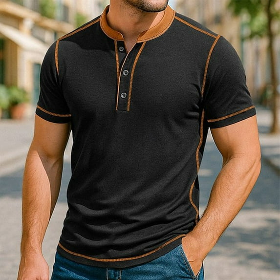 COSFO Short Sleeve Men's Shirts Black Casual Henley Tops Pullover Button Classic T-Shirt