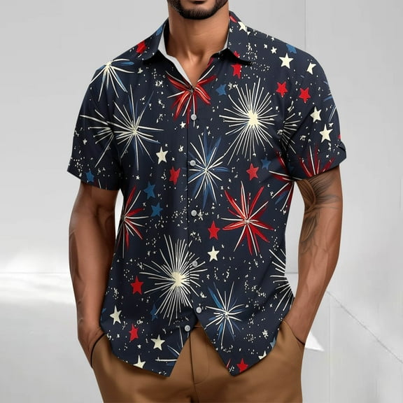 COSFO Short Sleeve Men's Shirts Button Down Collared Casual Tops Cotton Linen Independence Day Regular Fit Mens Shirt
