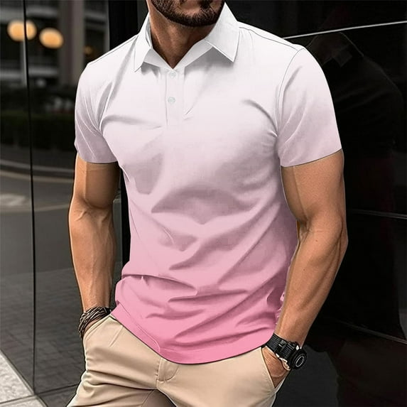 COSFO Short Sleeve Men's Shirts Collared Casual Gradient Pullover Loose Button Tee Shirts Mens