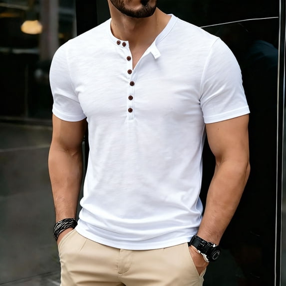 COSFO Short Sleeve Men's Shirts Cotton Henley Summer White Classic T-Shirt Casual Slim Fit Pullover Workout Tops