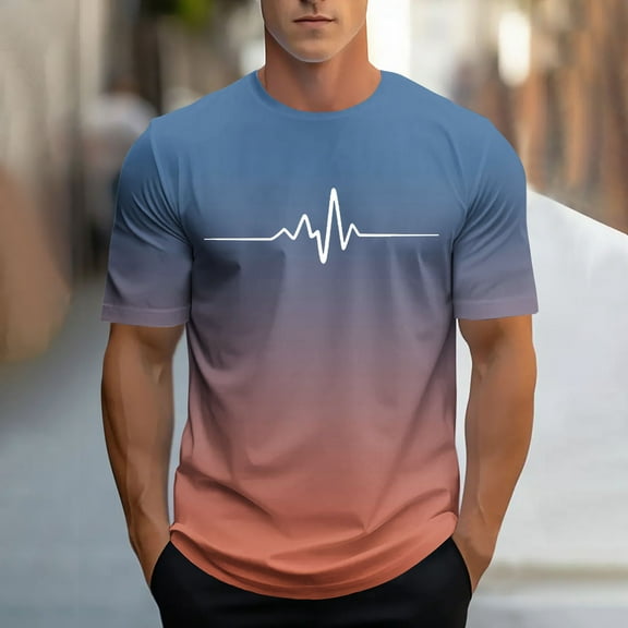 COSFO Short Sleeve Men's Shirts Workout Casual Gradient Tops Loose Pullover Crew Neck Summer Graphic Tees