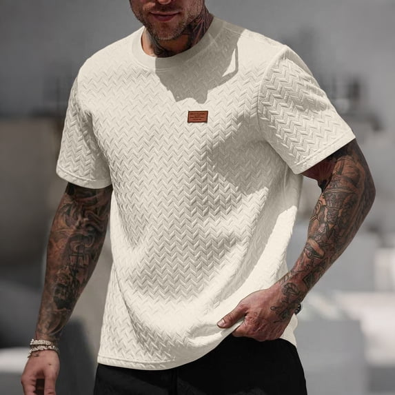 COSFO Short Sleeve Men's T-Shirts Casual Jacquard Shirt Summer Crew Neck Solid Classic Fit Men Tshirts Xl
