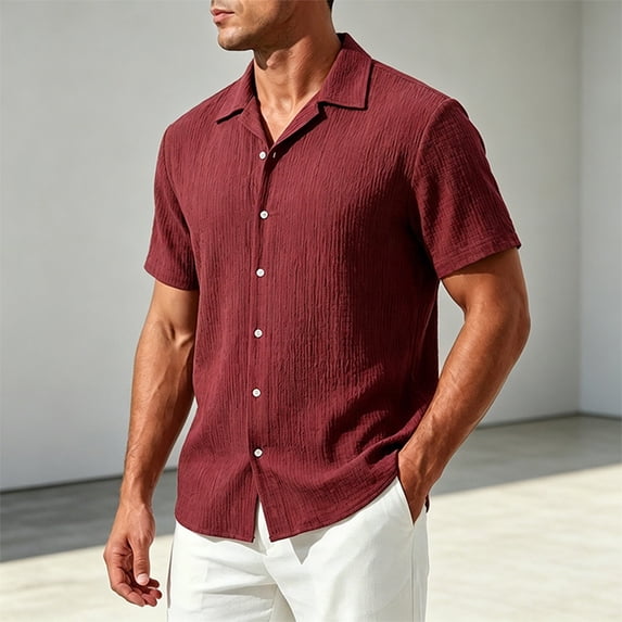 COSFO Short Sleeve Mens Button Down Shirt Summer Beach Red Shirt Collared Vacation Casual Loose Fit Mens Shirts M