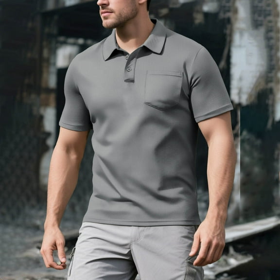 COSFO Short Sleeve Mens Casual Shirts Collared Gray Pullover Loose Button with Pocket T Shirts for Man