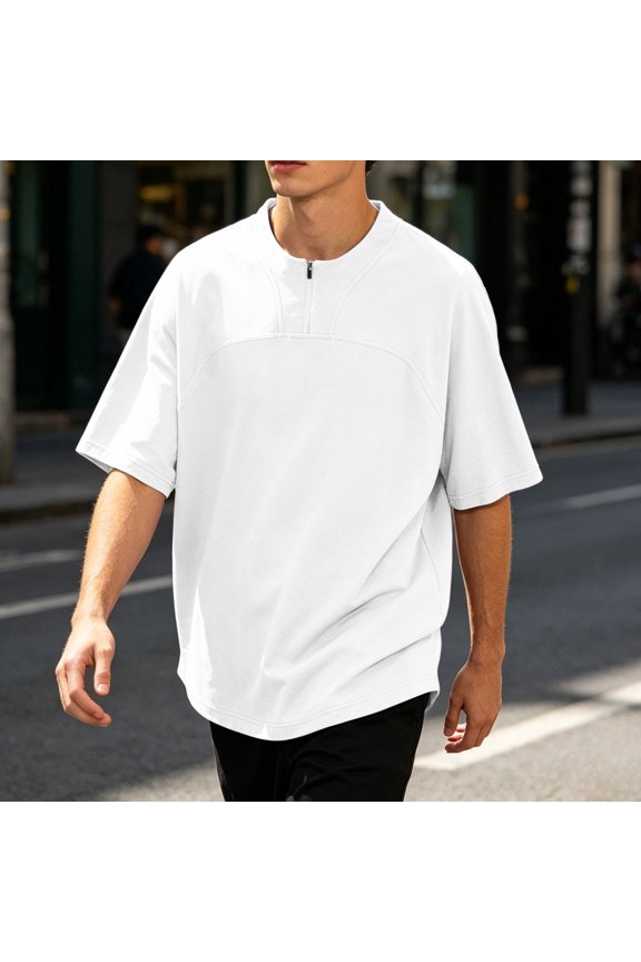 Short Sleeve Mens Oversized T Shirt Summer Workout White Shirts Loose Fit Quarter Zip Quick Dry Mock Neck Pullover Tops