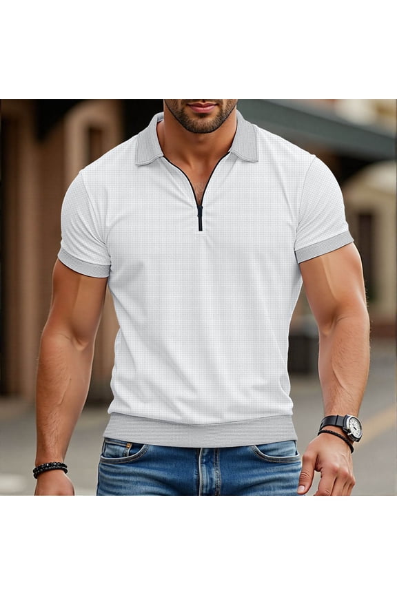 Short Sleeve Mens Polo Shirt White Quarter Zip Waffle Shirts Classic Fit Collared Performance Pullover Moisture Wicking Tops