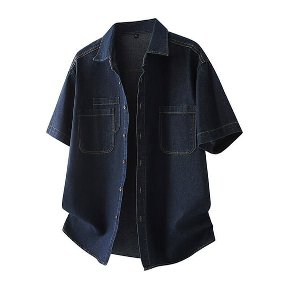COSFO Short Sleeve Mens Summer Denim Shirts Collared Casual Tops with Pocket Solid Regular Fit Button-Up Shirts Mens Shirt