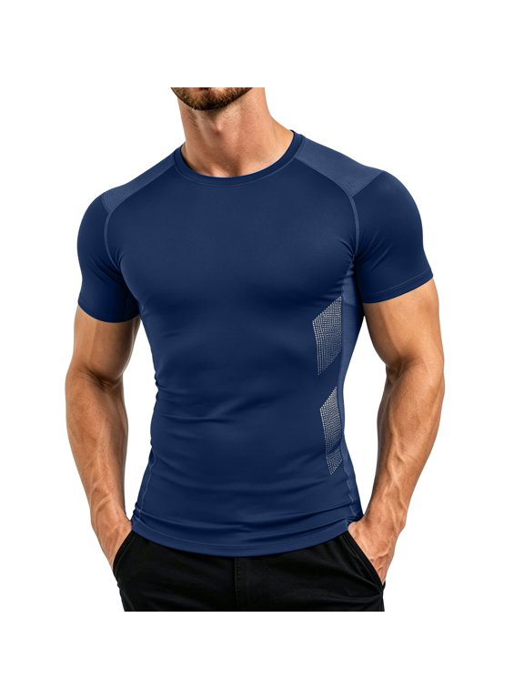Short Sleeve Mens Tee Shirts Athletic Compression Blue Workout Undershirts Slim Fit Dry Fit Crew Neck Performance Pullover Mens T Shirts
