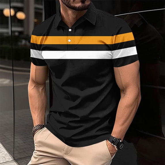 COSFO Short Sleeve Polo Shirts for Men Striped Casual Collared Tops Button Pullover Slim Men's Graphic Tees