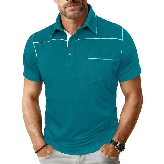 COSFO Short Sleeve Polo T Shirts for Men Green Ribbed Knit with Pockets Basic Tops Regular Fit Pullover Collar Performance Classic T-Shirt