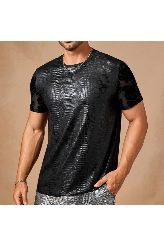 Short Sleeve Shirts for Men Casual Lace Crocodile Pattern Tops Crew Neck Pullover Loose Summer Classic T-Shirt
