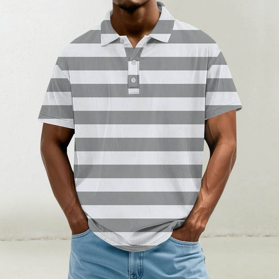COSFO Short Sleeve Shirts for Men Collared Striped Casual Pullover Button Loose Tee Shirts Mens