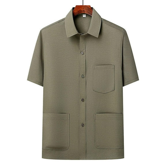 COSFO Short Sleeve Summer Shirts for Men Solid Collared Casual Button Down Shirts Multi Pockets Loose Men's Tops