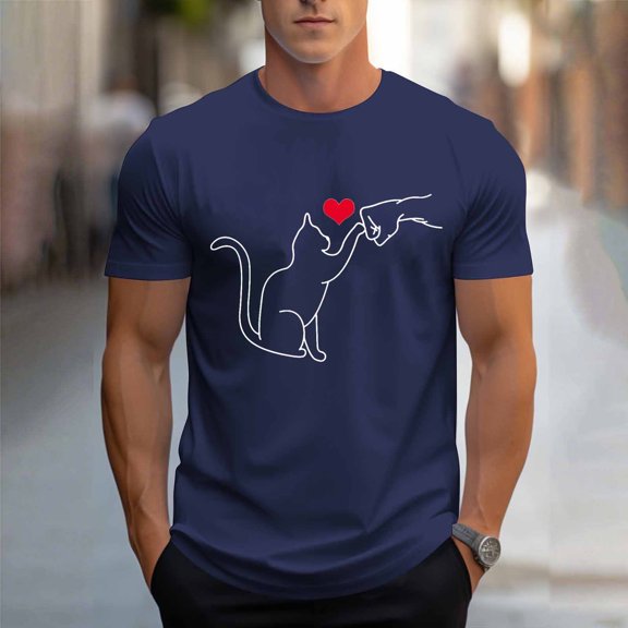 COSFO Short Sleeve T Shirts for Man Crewneck Cat Funny Basic Tops Relaxed Fit Lightweight Pullover Mens Graphic Tees