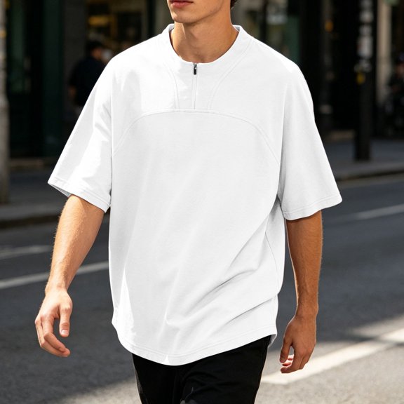 COSFO Short Sleeve T-Shirts for Men White Workout Summer Shirts Quick Dry Loose Fit Pullover Mock Neck Quarter Zip Tops