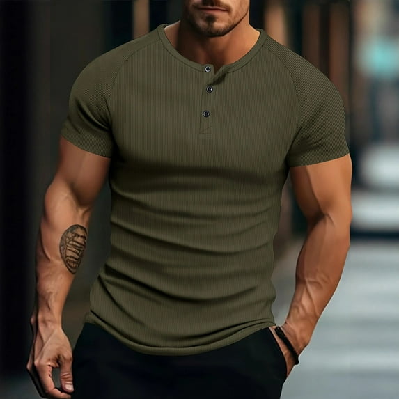 COSFO Solid Big And Tall Shirts for Men Short Sleeve Ribbed Knit Button Shirts Henley Pullover Workout Classic Fit Tops