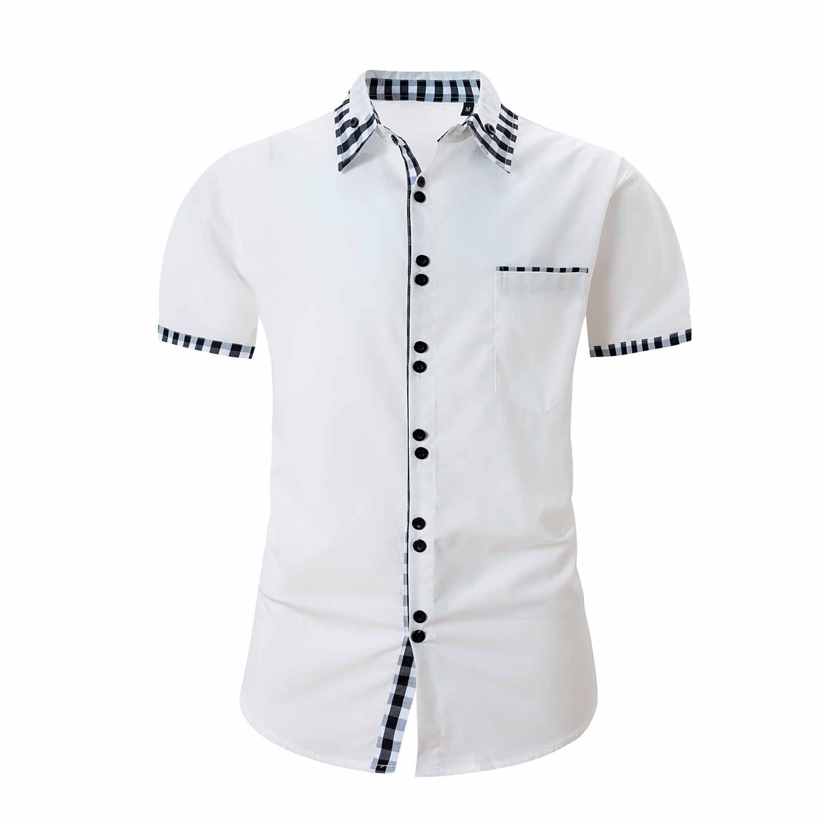 COSFO Solid Button Up Shirt Men Short Sleeve Casual White Collared Tops ...