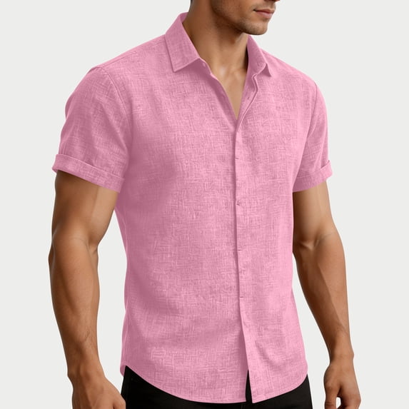 COSFO Solid Button Up Shirt Men Short Sleeve Summer Cotton Linen Shirts Collared Loose Fit Vacation Beach Tops