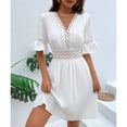 thumbnail image 1 of COSFO Solid Dresses for Women Short Sleeve V-Neck Casual White Mini Dresses Waisted A-Line Lace Loose Fit Dresses, 1 of 5