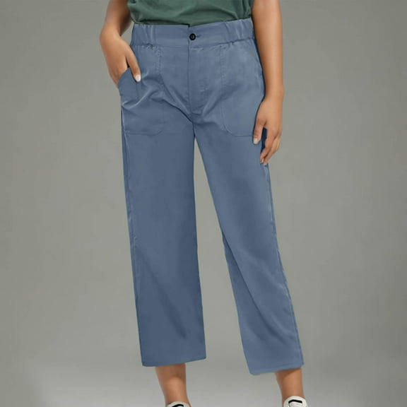 COSFO Solid Fall Pants for Women 2024 Casual Blue High Waisted Straight Leg Pants with Pocket Loose Pants