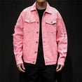 thumbnail image 1 of COSFO Solid Jean Jacket Men Button Down Pink Denim Casual Coat Collared with Pocket Loose Ripped Long Sleeve Jackets, 1 of 9