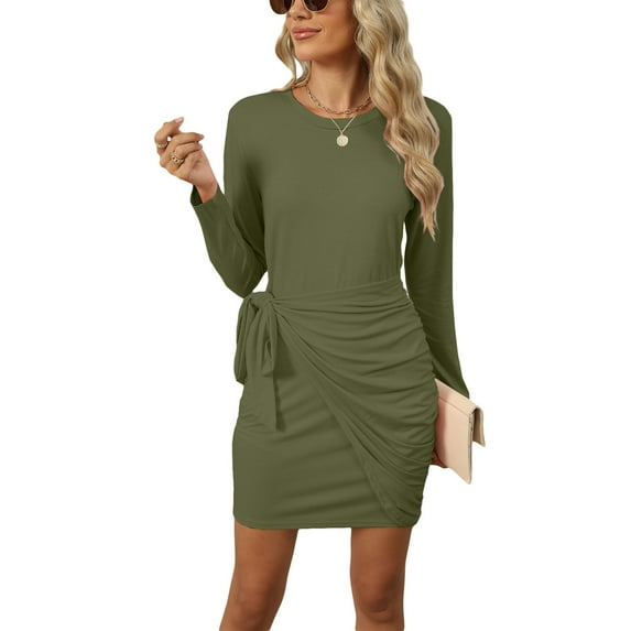 COSFO Solid Ladies Dresses Long Sleeve Casual Green Crew Neck Mini Dresses A-Line Belted Slim Dresses