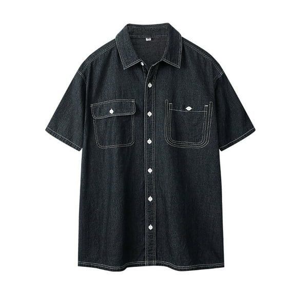 COSFO Solid Men Button Down Shirt Short Sleeve Collared Casual Tops with Pocket Regular Men Denim Shirts