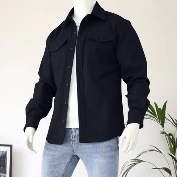 COSFO Solid Men Jacket Collared Lightweight Button Down Cotton Coats Casual Loose Long Sleeve with Pockets Mens Outerwear Jackets