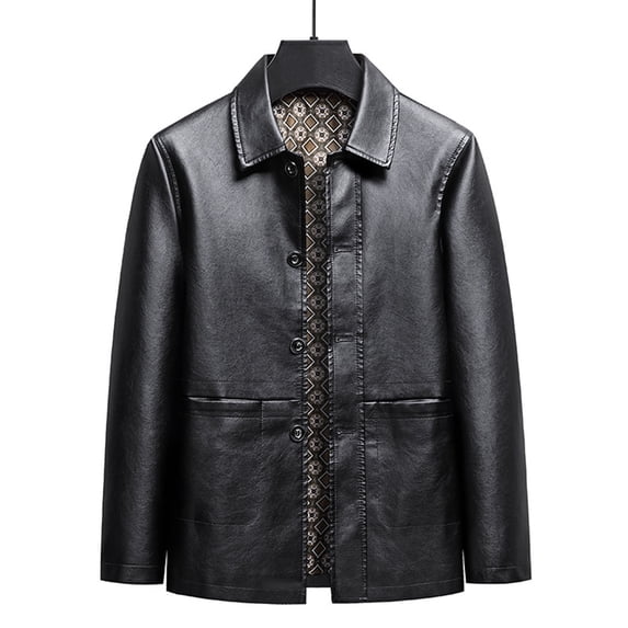 COSFO Solid Men Jacket Faux Leather Button Down Winter Jacket Loose Casual Long Sleeve Business with Pockets Men Coats