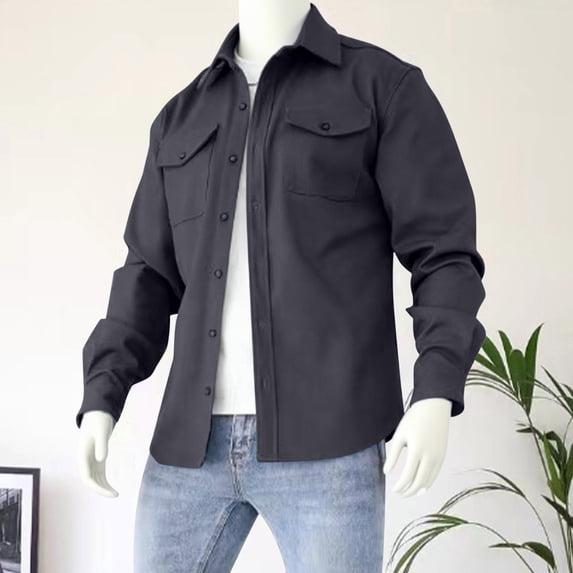 COSFO Solid Men Jacket Lightweight Button Down Collared Cotton Coats Casual with Pockets Loose Long Sleeve Men Outerwear Jackets